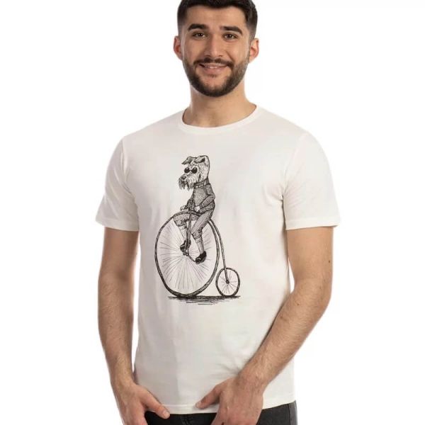 Zerum Herren T-Shirt Dog-on-Bike Weiss Hund Hochrad